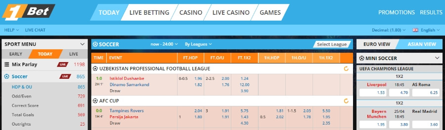 1bet homepage features - odds, type of bets